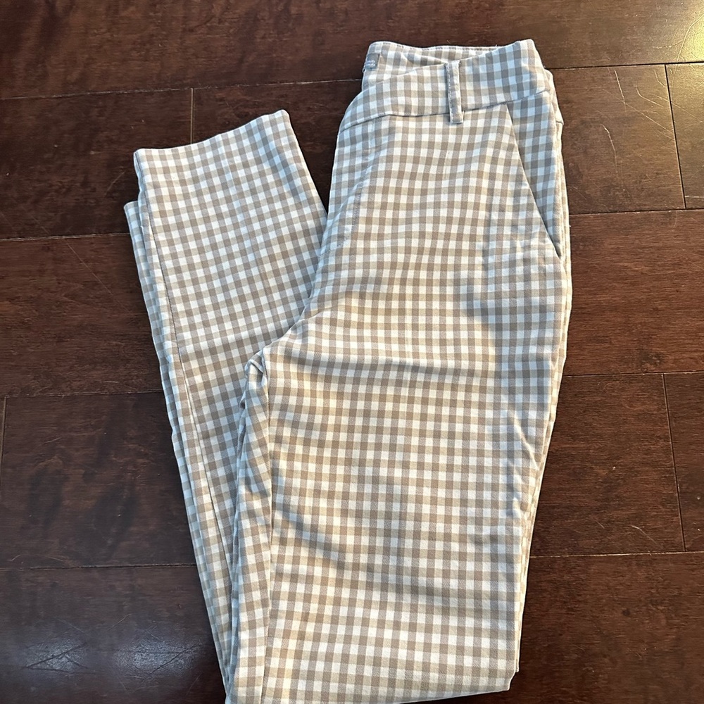 Plaid work pants, tan & white, fitted, xs